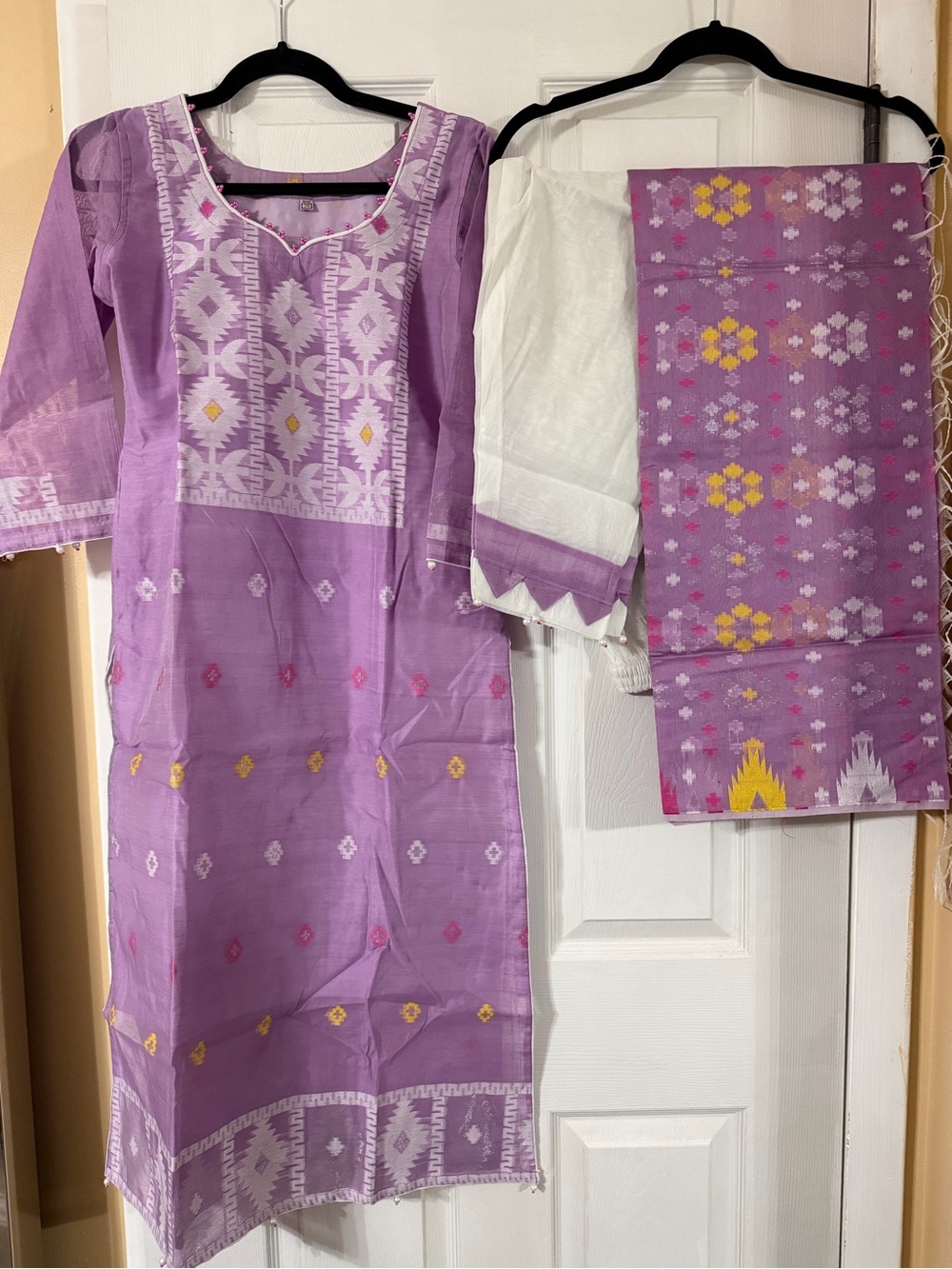 Girls Purple Embroidered Pajama Set with White Scarf